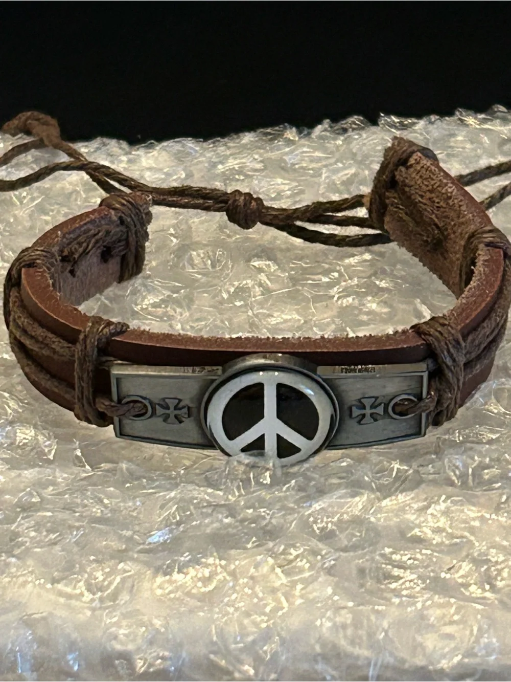 Men's Brown or Black Leather Peace Sign Adjustable Bracelet wAntique Metal Plate